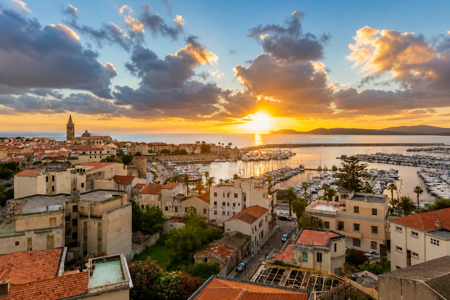 Alghero's historic skyline and harbour at sunset