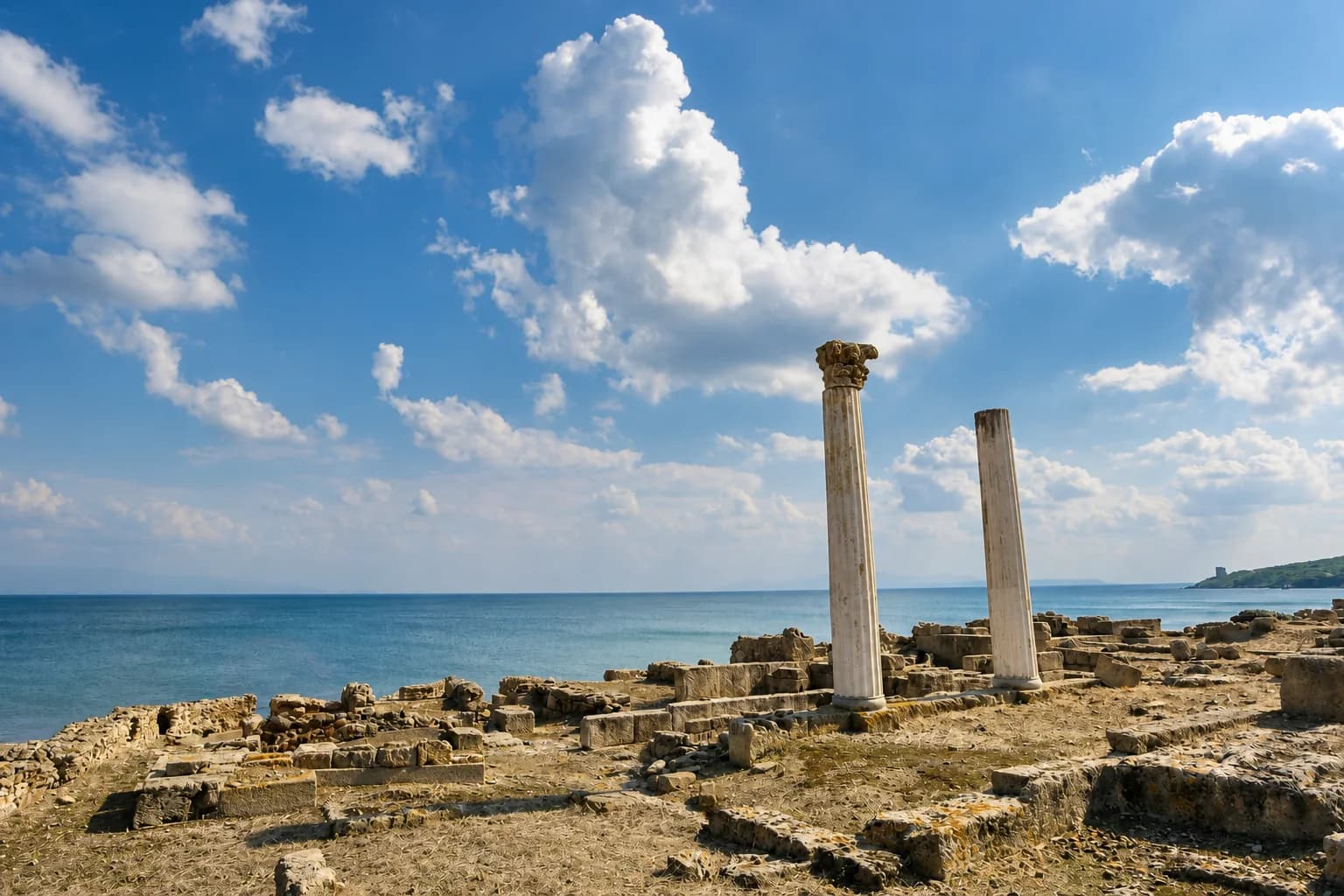 The ancient columns of Tharros beside the sea