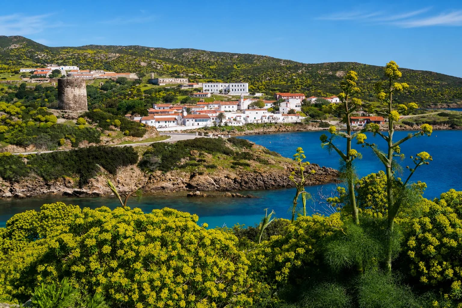 Cala d'Oliva village and tower on Asinara