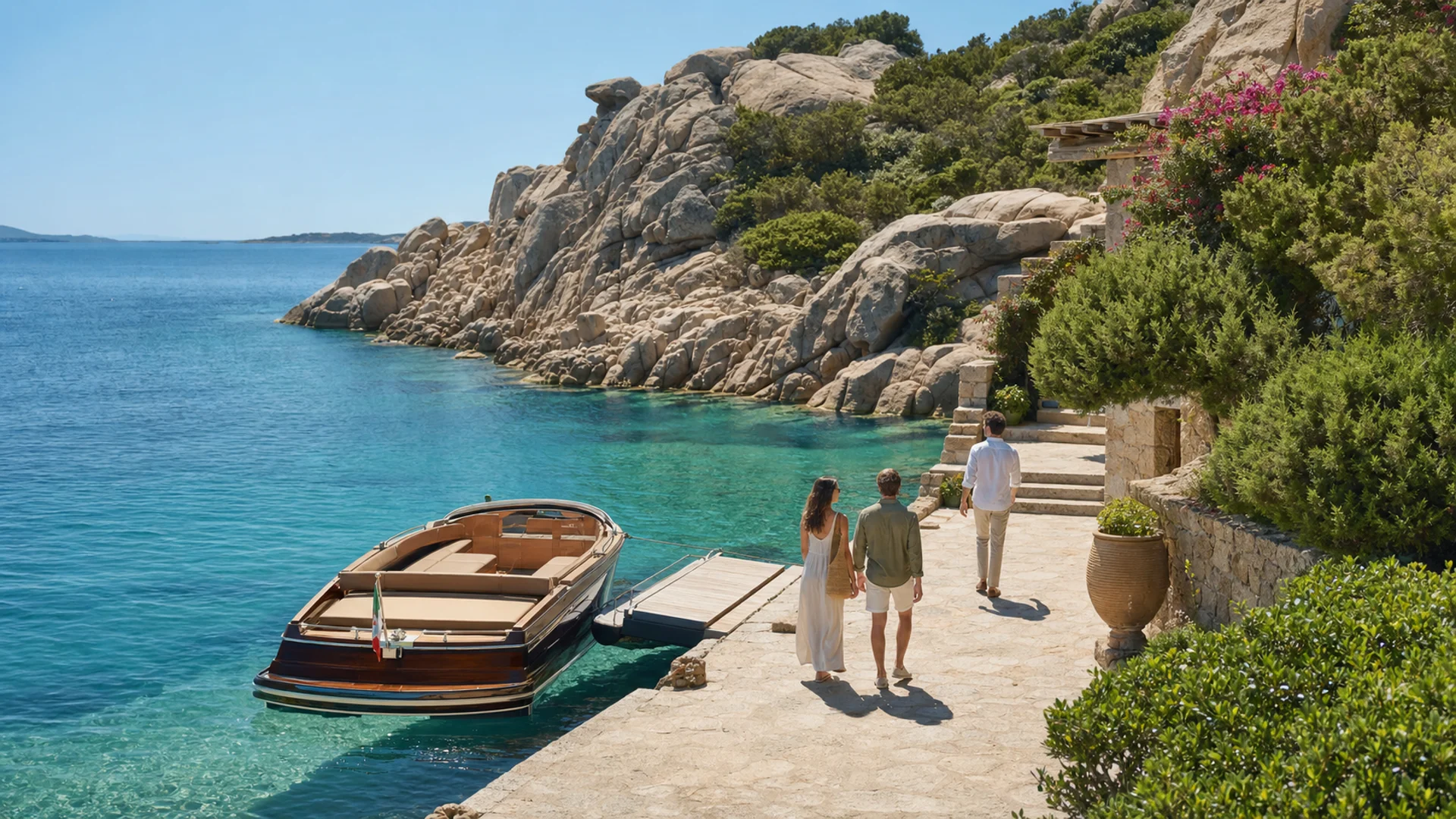 Conceptual arrival scene in Sardinia: a sunlit granite coastline, calm sea and a road tracing the shore